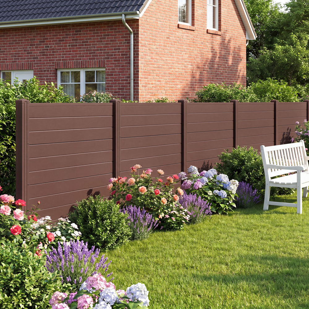 Brown air conditioner fence panels with flowers in a garden, featuring a modular design for versatile outdoor use.