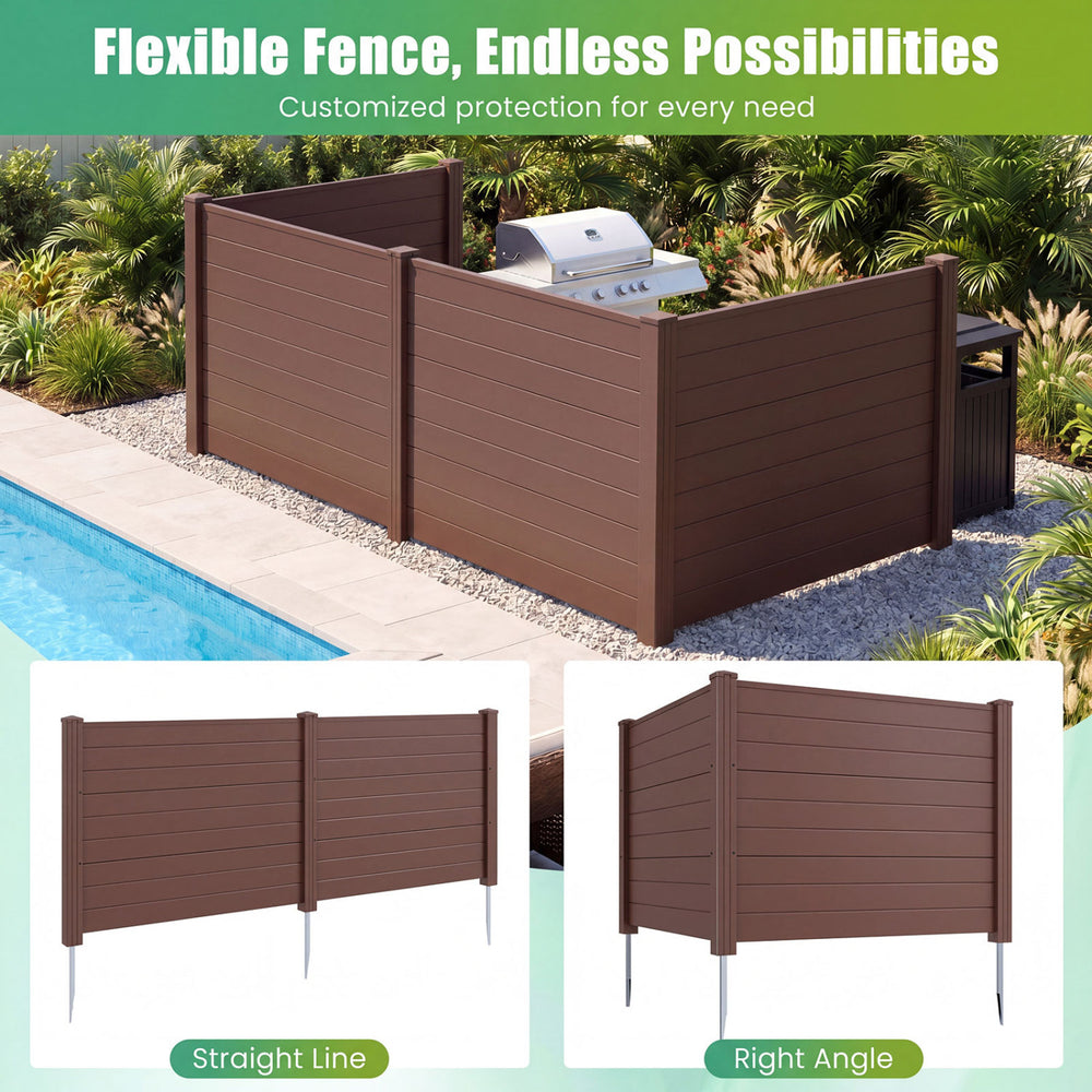 Set of 2 brown air conditioner fence panels with metal ground stakes, ideal for L-shaped or straight line.