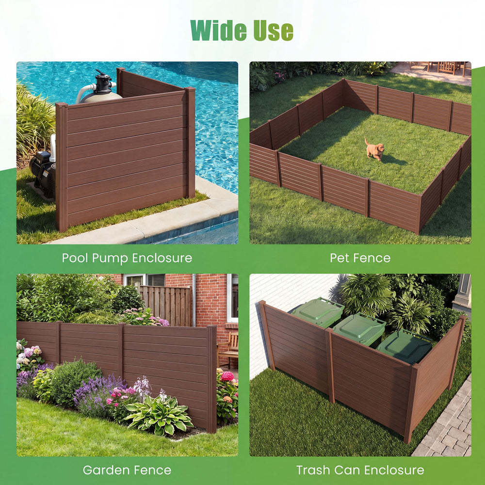 Set of 2 brown air conditioner fence panels with metal ground stakes, ideal for pet fencing and trash can enclosures.