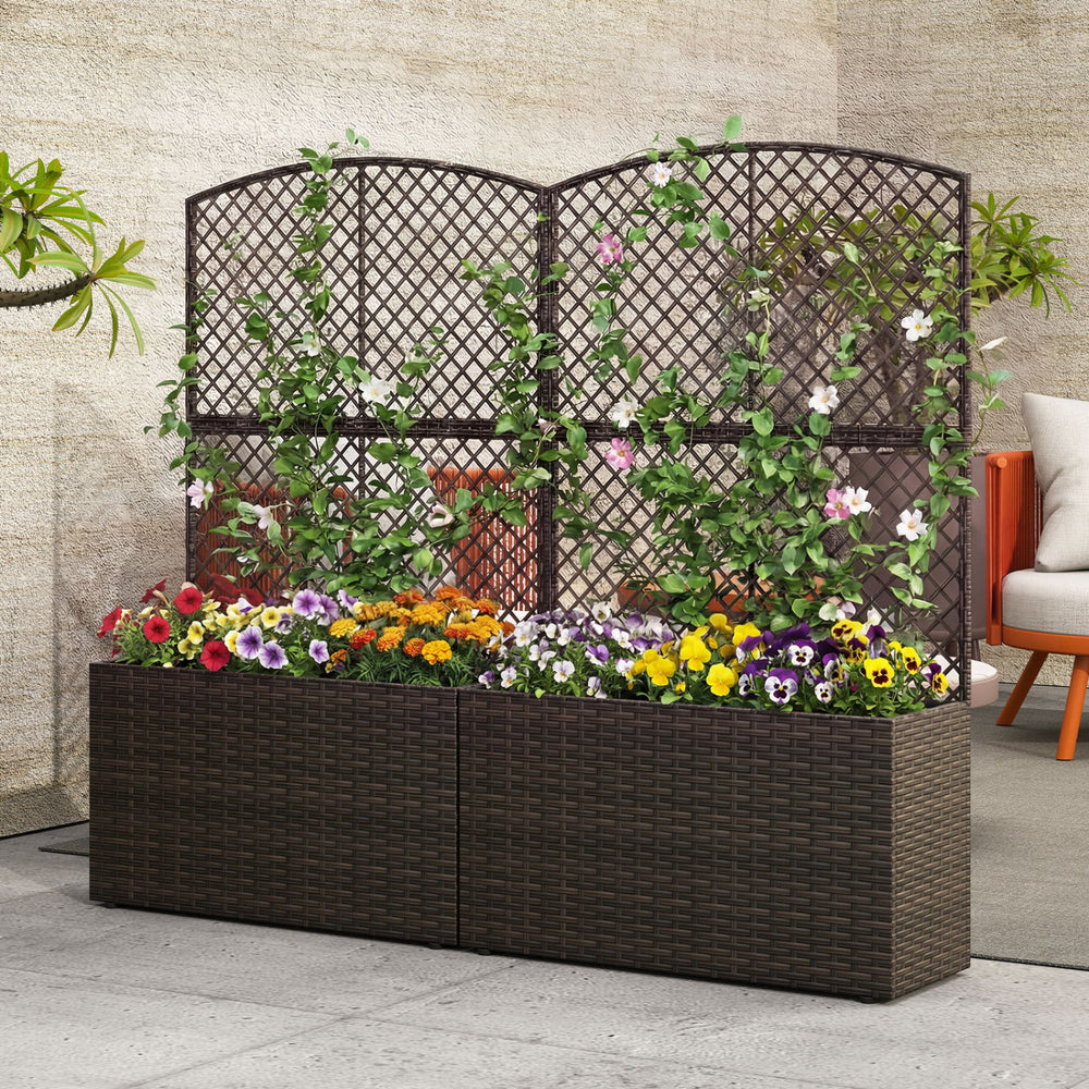 Set of 2 49 Inch Raised Garden Bed with Trellis and Wicker Planter Box-Brown - Gallery View 1 of 8