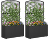 Set of 2 black wicker raised garden beds with trellis, ideal for climbing plants and vertical gardening.