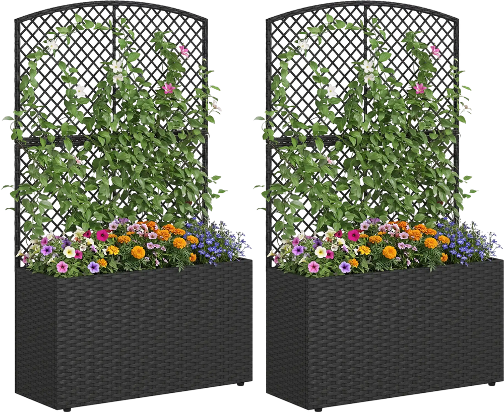 Set of 2 black wicker raised garden beds with trellis, ideal for climbing plants and vertical gardening.