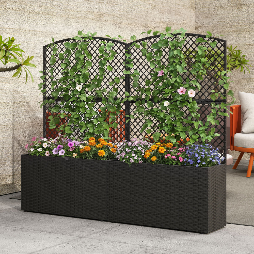Set of 2 49 Inch Raised Garden Bed with Trellis and Wicker Planter Box-Black - Gallery View 1 of 8