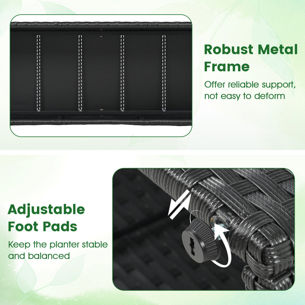 Close-up of the robust metal frame and adjustable foot pads of the 49-inch raised garden bed with trellis.