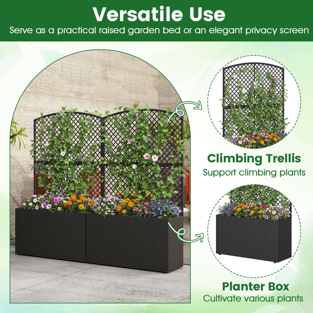 Set of 2 raised garden beds with trellis and wicker planter box in black, ideal for climbing plants and vertical.