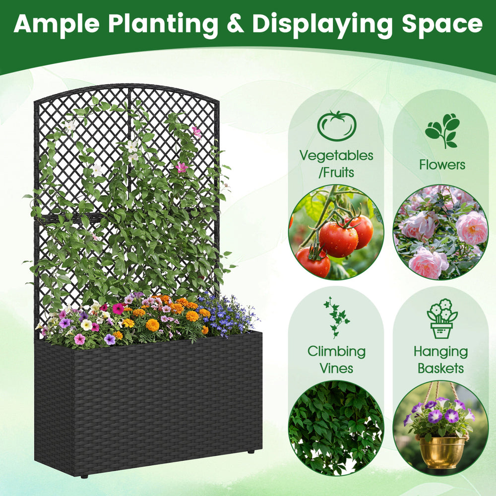 Black wicker planter box with trellis, perfect for vegetables, flowers, and climbing vines in outdoor gardens.