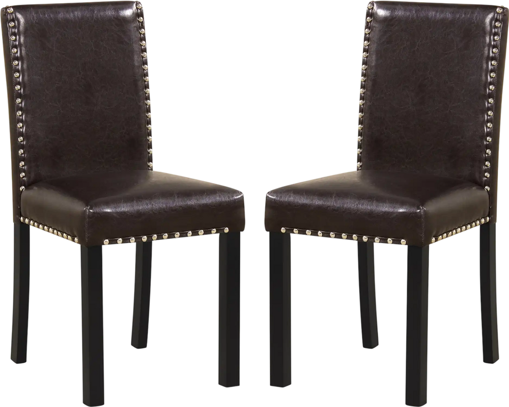 Set of 2 faux leather upholstered dining chairs with nailhead accents, solid wood legs, ideal for kitchen or dining.