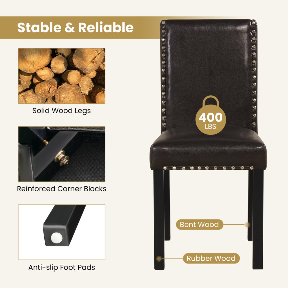 Faux leather upholstered dining chair with solid rubber wood legs, 400 lbs capacity, ideal for kitchen and dining areas.