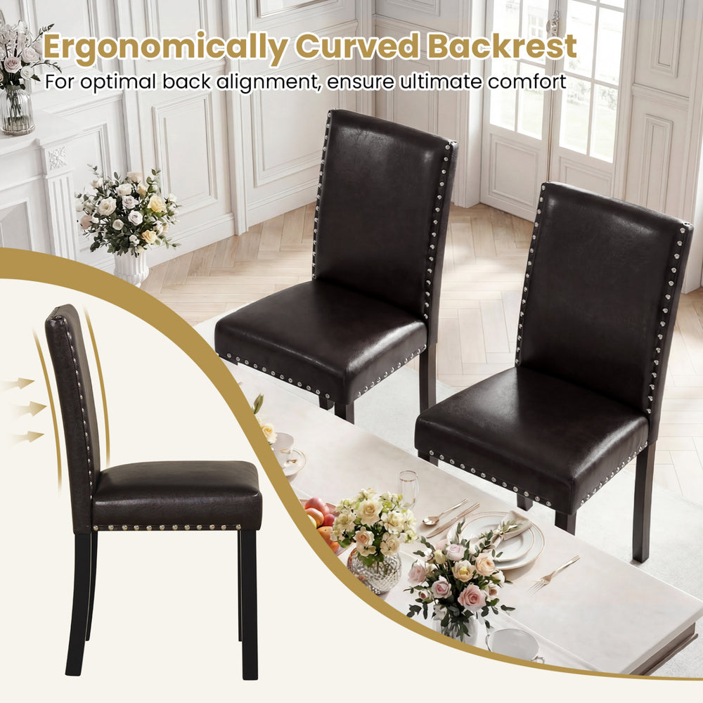 Set of 2 faux leather dining chairs with curved backs, solid wood legs, and elegant nailhead accents for versatile use.