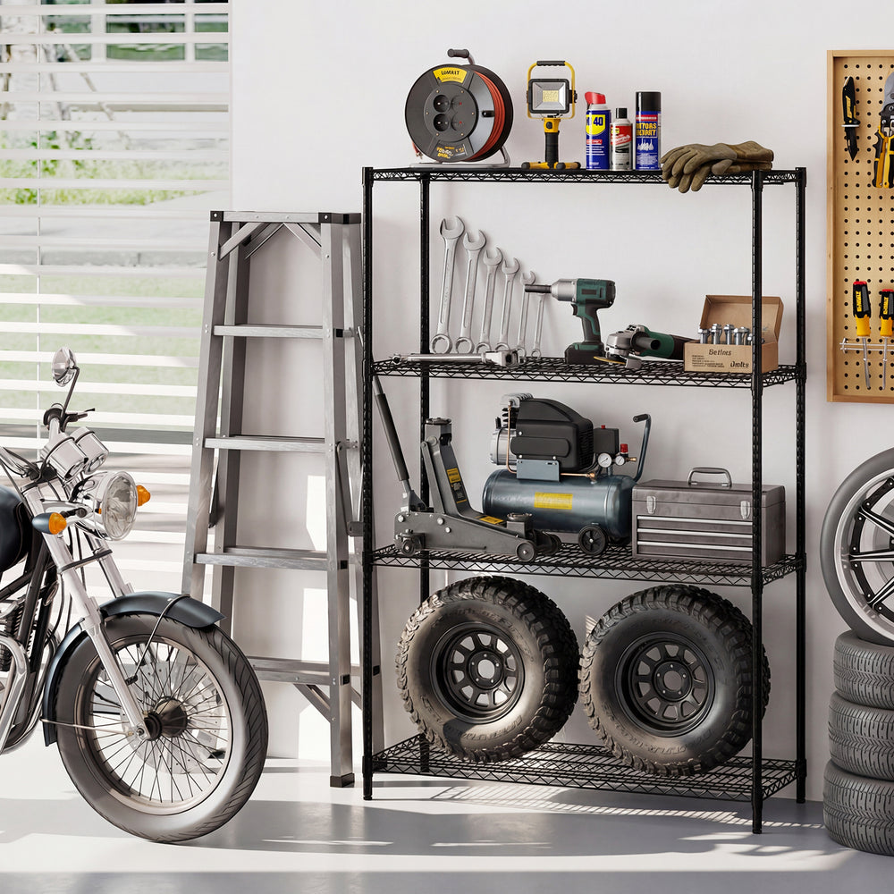 4-tier black metal storage shelving unit with V-shaped wire racks, ideal for garage organization and tool storage.