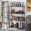 4-tier metal storage shelving unit in black, showcasing tools and containers, ideal for garage organization.