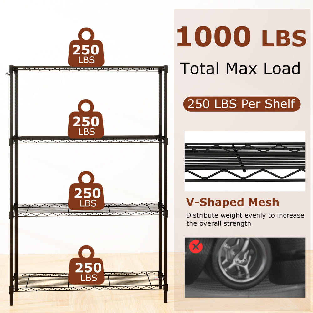 4-tier black metal storage shelving unit with V-shaped wire rack, 1000 lbs total capacity for heavy-duty organization.