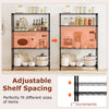 4-tier black metal storage shelving unit showcasing adjustable shelf spacing for versatile organization of kitchen.