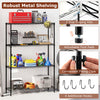 4-tier black metal storage shelving unit with adjustable foot pads and hooks, ideal for garage organization and.