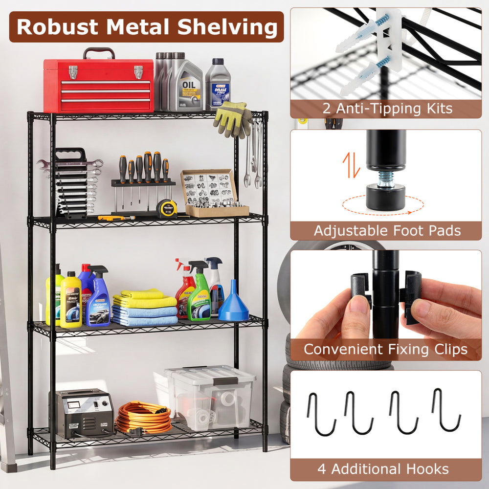 4-tier black metal storage shelving unit with adjustable foot pads and hooks, ideal for garage organization and.