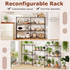 4-tier black metal storage shelving unit with customizable layout, ideal for kitchen or plant display.
