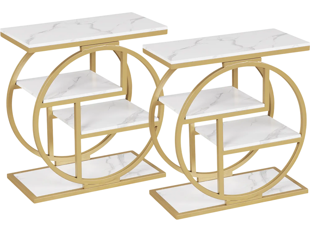 Set of 2 narrow end tables with white marble-look surfaces and geometric metal frames, ideal for small living spaces.