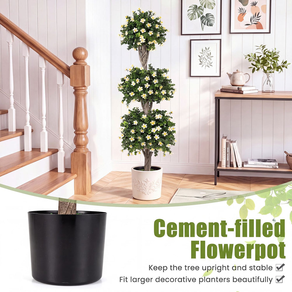 Set of 2 artificial topiary trees with three sun-resistant balls in weighted pots, ideal for home decor and maintenance-free greenery.