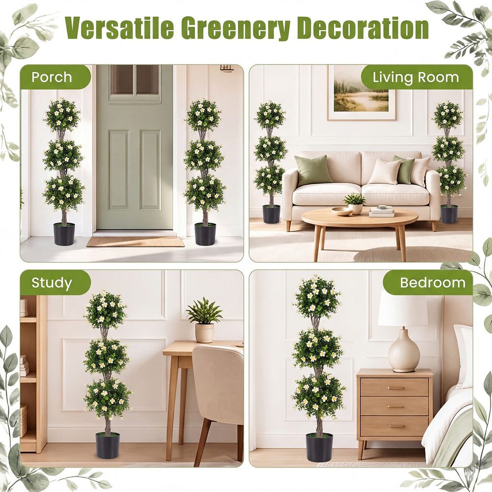 Set of 2 artificial topiary trees with three balls, featuring white blossoms for versatile indoor and outdoor decoration.