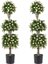 Set of 2 51" artificial topiary trees with three topiary balls and white blossoms for versatile indoor and outdoor decor.