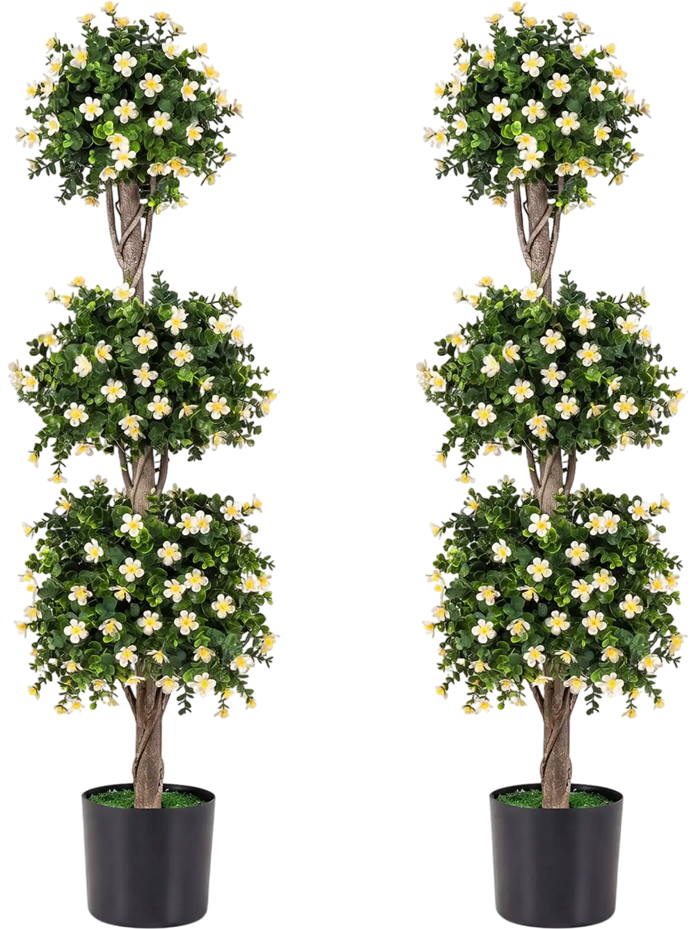 Set of 2 51" artificial topiary trees with three topiary balls and white blossoms for versatile indoor and outdoor decor.
