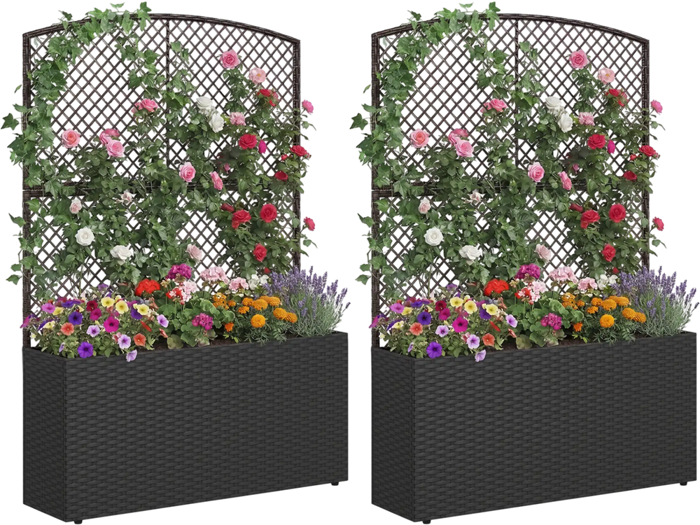 Set of 2 raised garden beds with trellis, crafted from black PE rattan, ideal for vertical gardening and privacy.