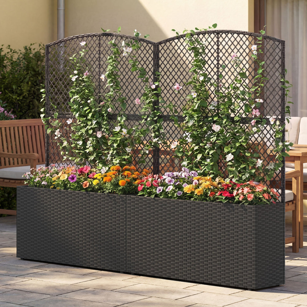 Raised garden bed with trellis and wicker planter box in black, ideal for climbing plants and adding privacy to outdoor.