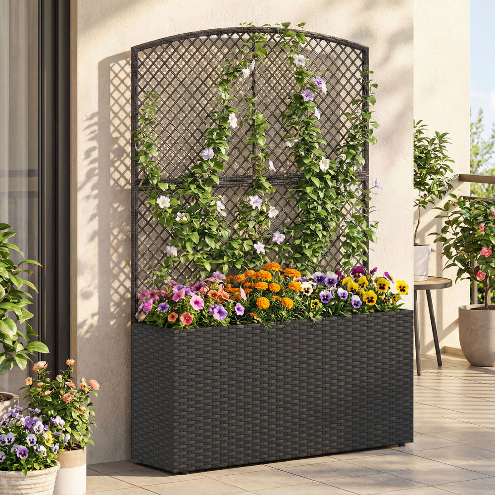 Raised garden bed with trellis and wicker planter box in black, perfect for vertical gardening and supporting climbing.