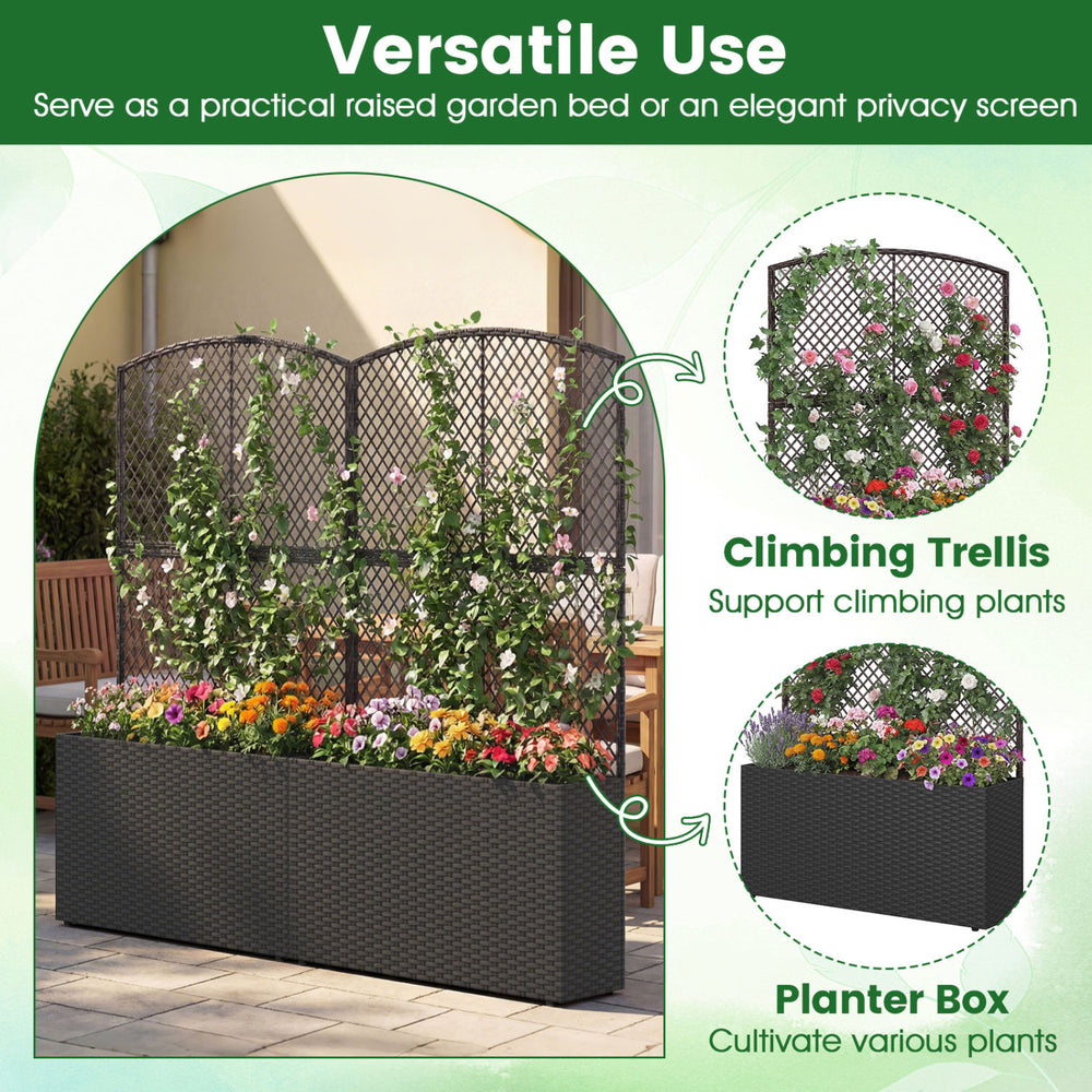 Set of 2 raised garden beds with trellis, made of PE rattan, ideal for climbing plants and outdoor privacy.