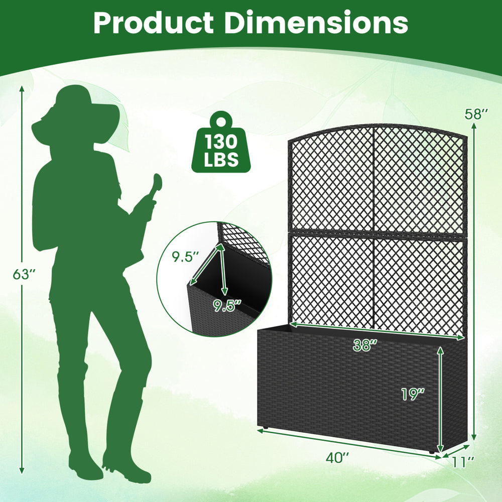 Dimensions of the 58-inch raised garden bed with trellis and wicker planter box, ideal for vertical gardening.