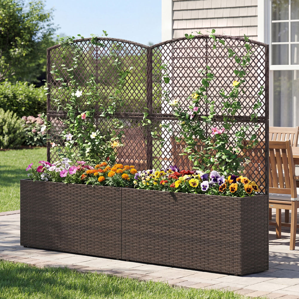 Set of 2 58 Inch Raised Garden Bed with Trellis and Wicker Planter Box-Brown - Gallery View 1 of 10