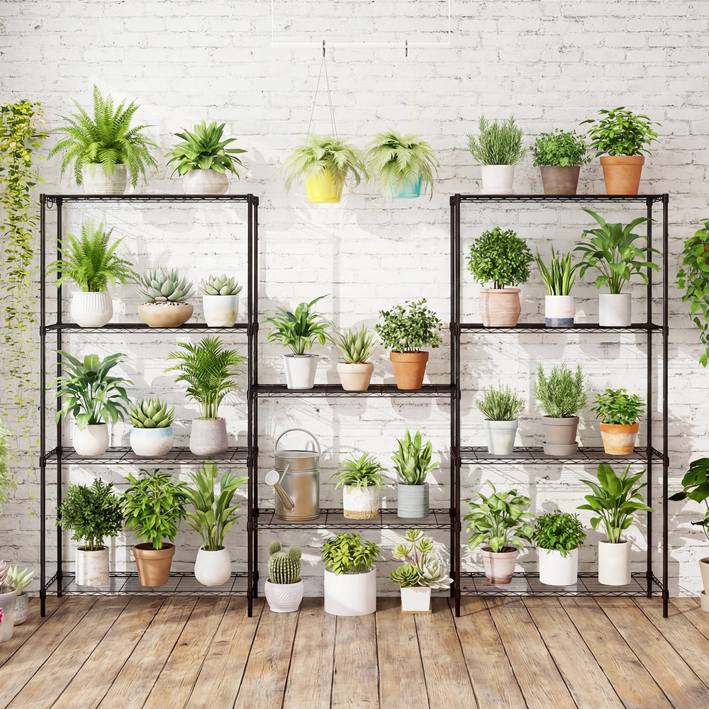 5-tier metal shelving unit in black, featuring adjustable shelves and V-shaped wire rack, ideal for organizing various.