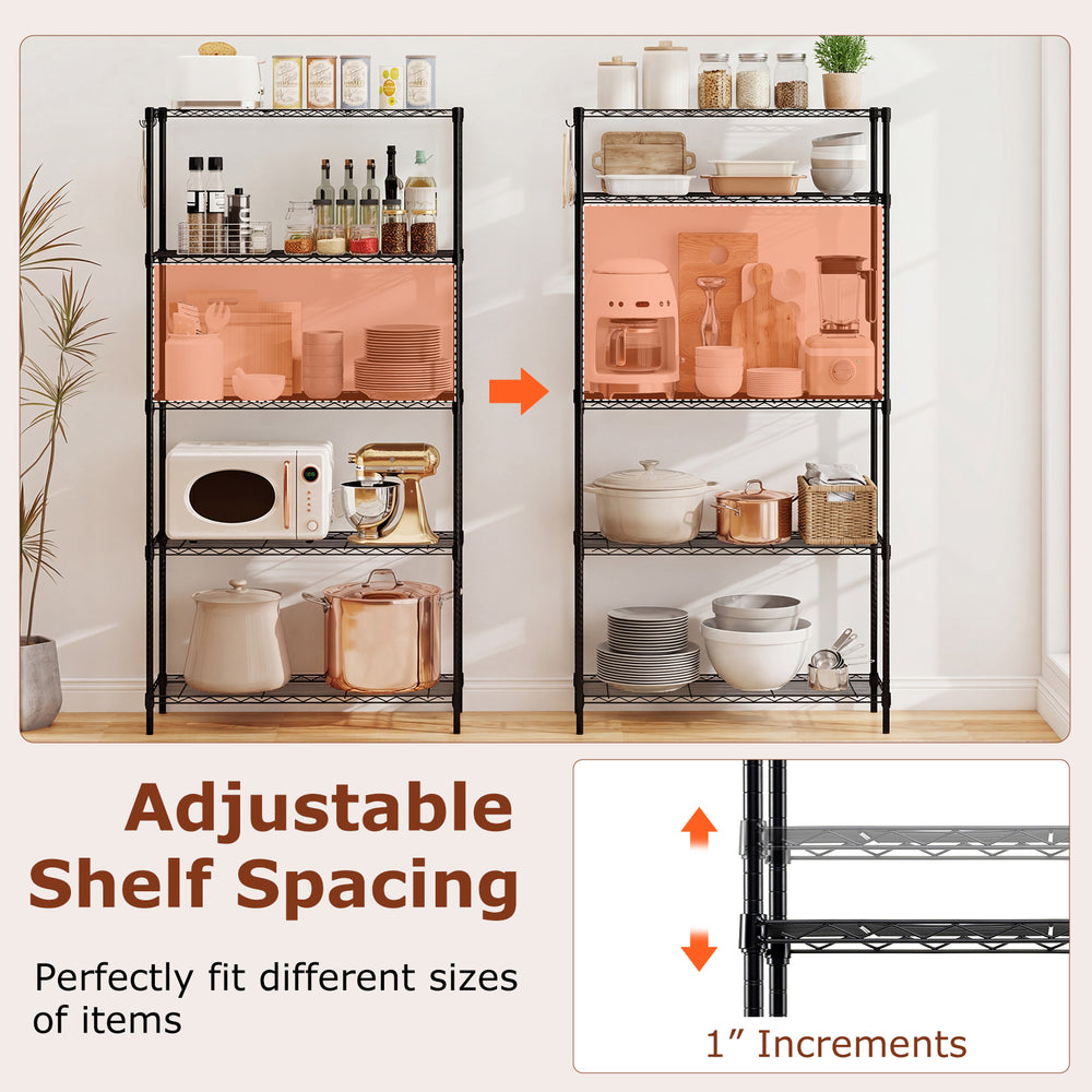 5-tier metal storage shelving unit in black with adjustable shelf spacing, ideal for organizing kitchen and garage.