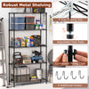 5-tier black metal shelving unit with adjustable shelves, anti-tipping kits, and 4 removable hooks for versatile.