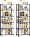Set of 2 black 6-tier metal storage shelving units with adjustable shelves, ideal for kitchen and garage organization.
