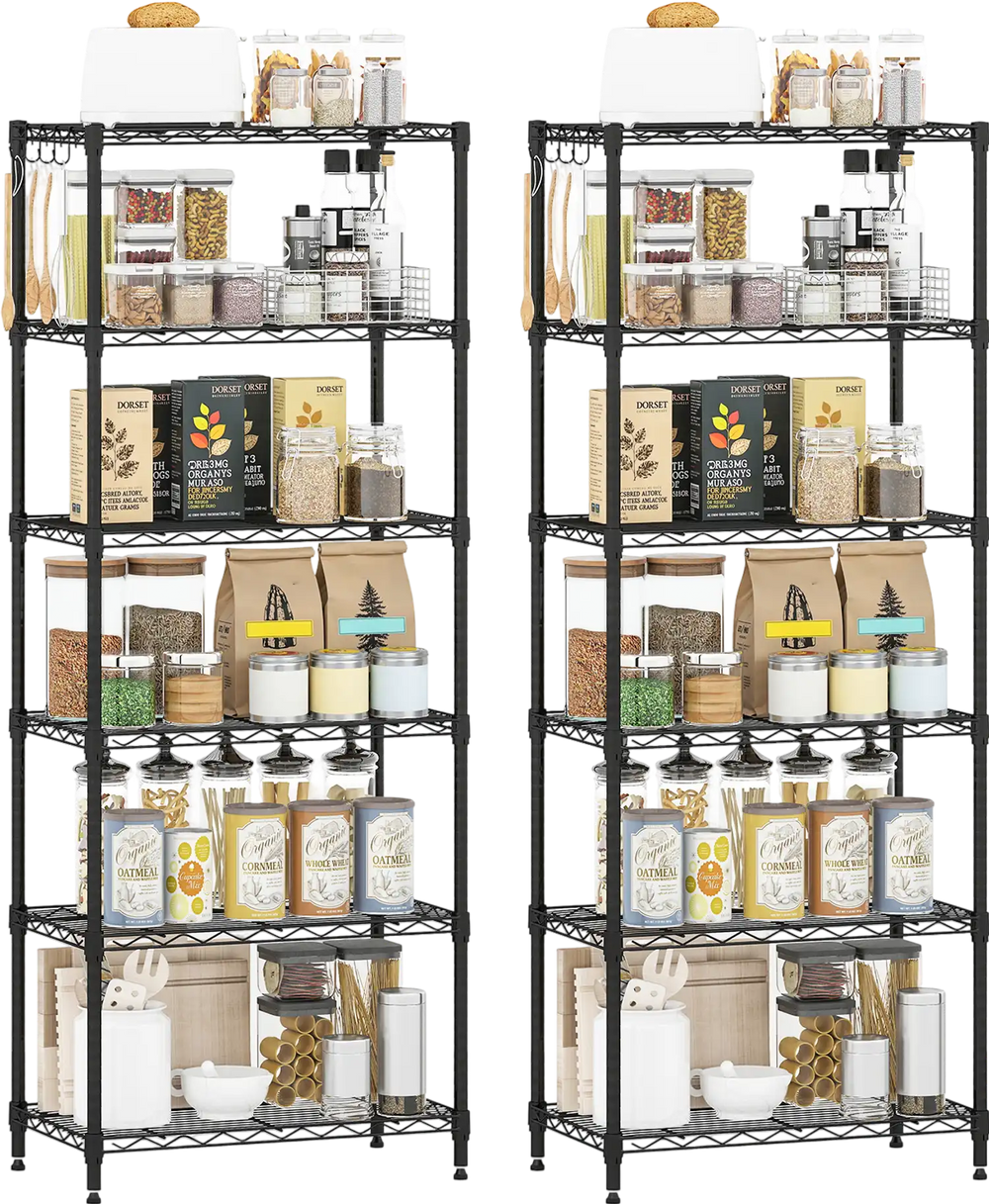 Set of 2 black 6-tier metal storage shelving units with adjustable shelves, ideal for kitchen and garage organization.