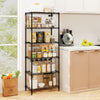 6-tier black metal storage shelving unit with adjustable shelves, ideal for organizing kitchen and pantry items.