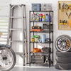 6-tier black metal storage shelving unit with adjustable shelves, ideal for garage organization and heavy-duty use.