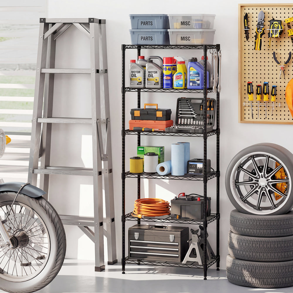 6-tier black metal storage shelving unit with adjustable shelves, ideal for garage organization and heavy-duty use.