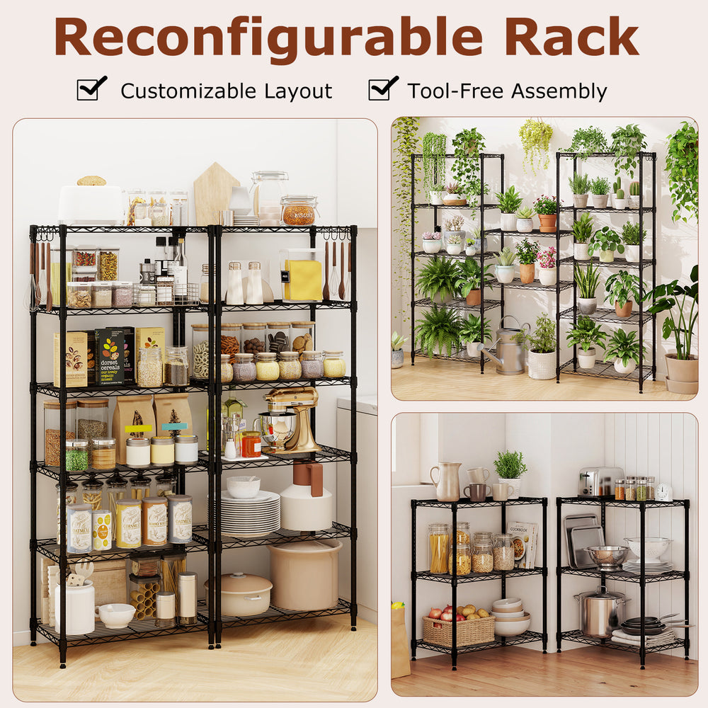 6-tier black metal storage shelving unit with adjustable shelves, ideal for kitchen and garage organization.