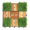 Interlocking deck tile featuring acacia wood and artificial grass, designed for easy installation and outdoor use.