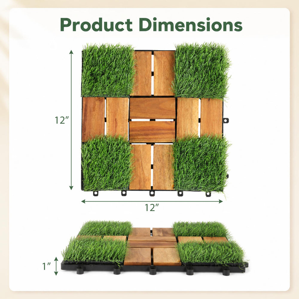 Interlocking deck tiles featuring acacia wood and artificial grass, measuring 12” x 12” for easy outdoor installation.