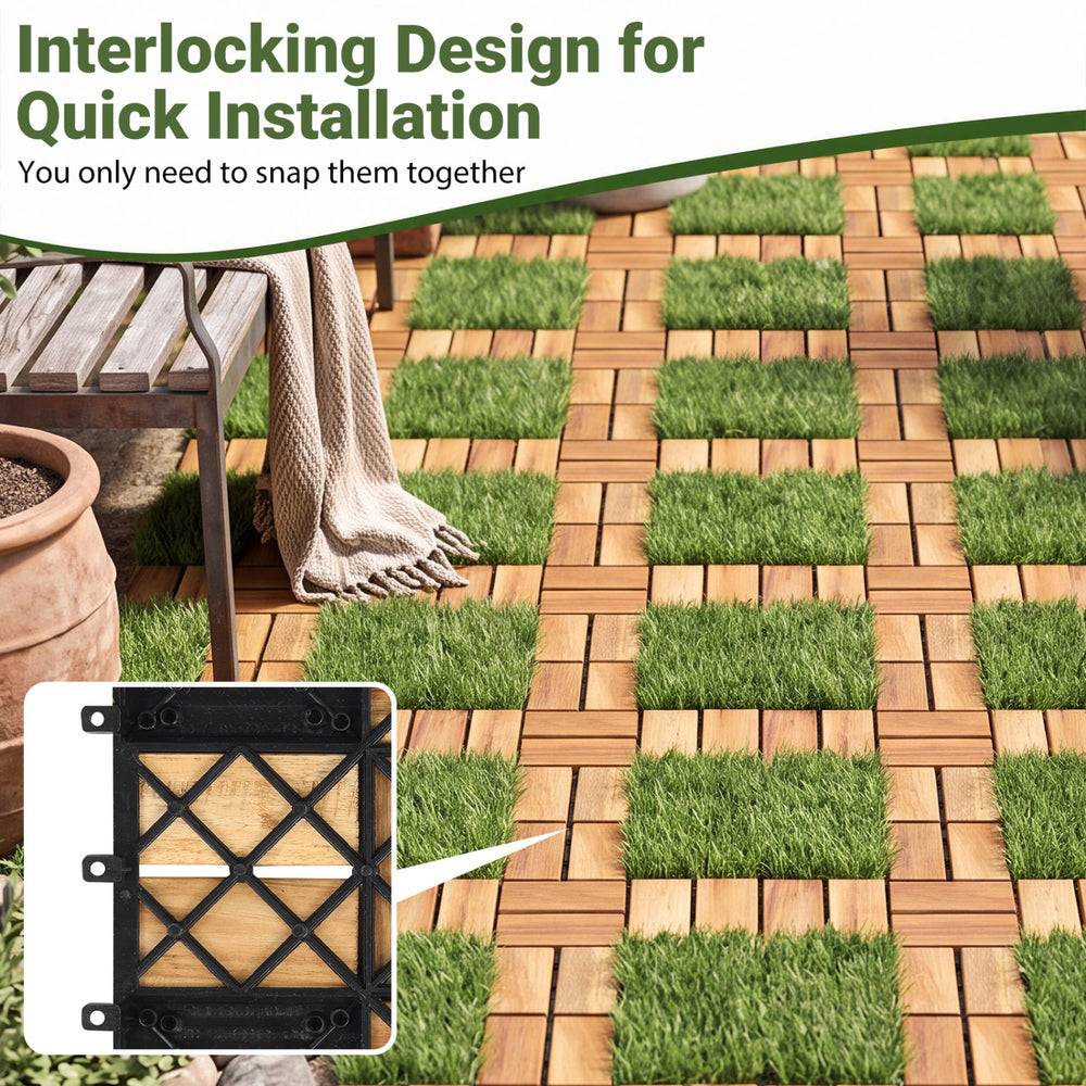 Set of 2 acacia wood interlocking deck tiles featuring realistic artificial grass for easy outdoor installation.