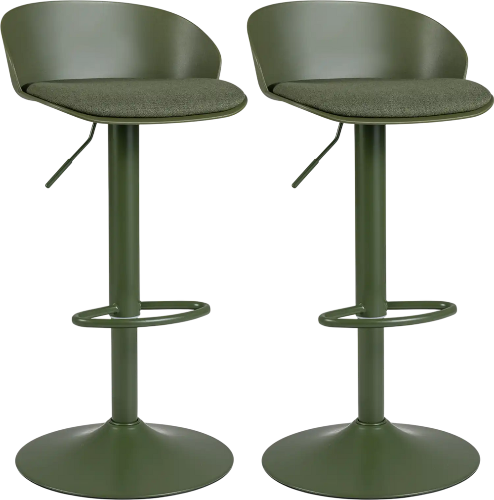Set of 2 green adjustable swivel bar stools with backrest and footrest, perfect for dining and pub use.