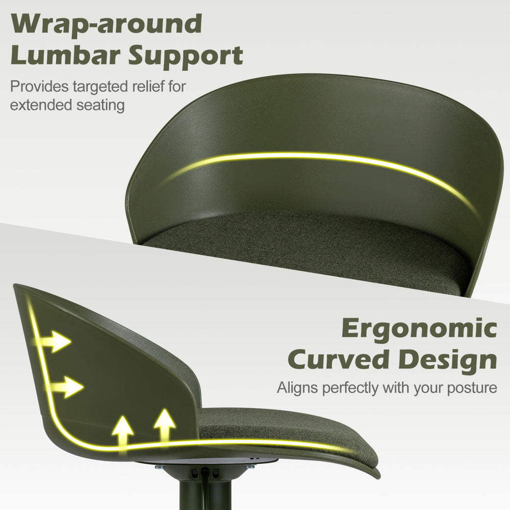 Adjustable swivel bar stool with wrap-around lumbar support and ergonomic curved design for optimal comfort and posture.