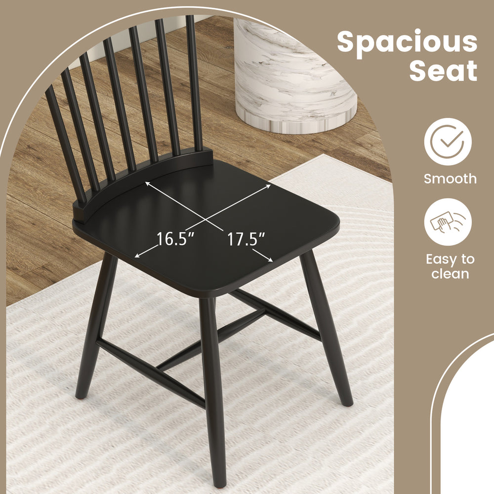 Windsor dining chair with high spindle back, 16.5"x17.5" seat, black rubber wood, ideal for stylish dining spaces.