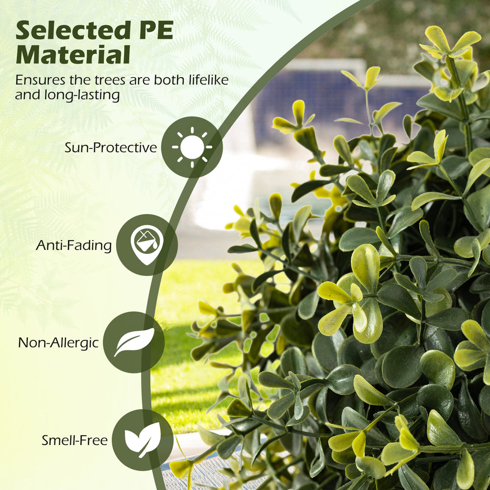 Close-up of selected PE material on artificial double topiary ball trees, showcasing sun-protective and anti-fading.