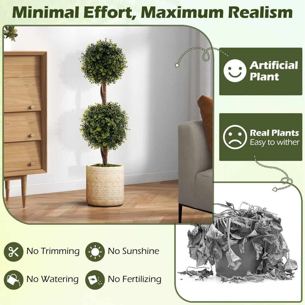 Artificial double topiary ball trees with vivid leaves and a cement-filled pot, perfect for home and office decoration.