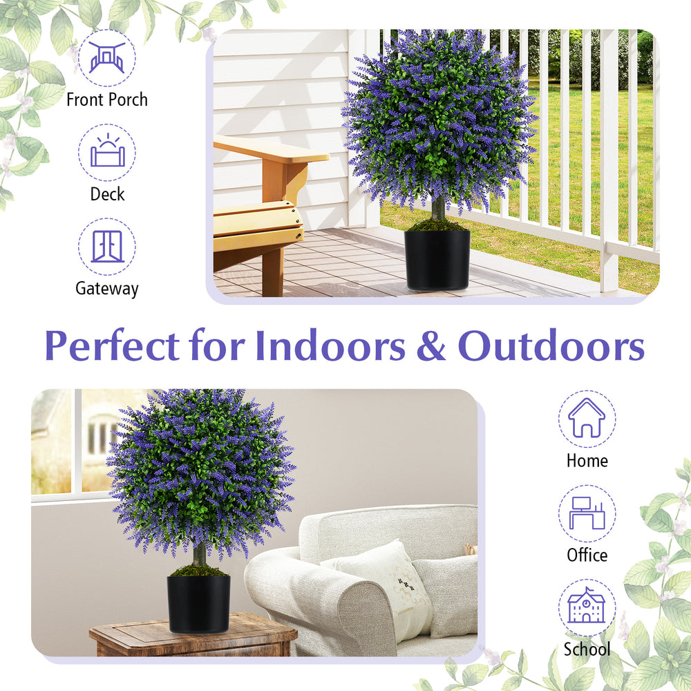 Set of 2 artificial lavender topiary ball trees in cement-filled pots, perfect for indoor and outdoor decoration.
