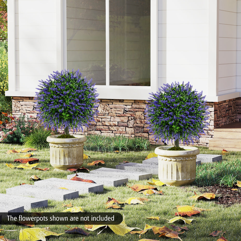 Set of 2 artificial lavender topiary ball trees in cement-filled pots, perfect for indoor or outdoor decoration.